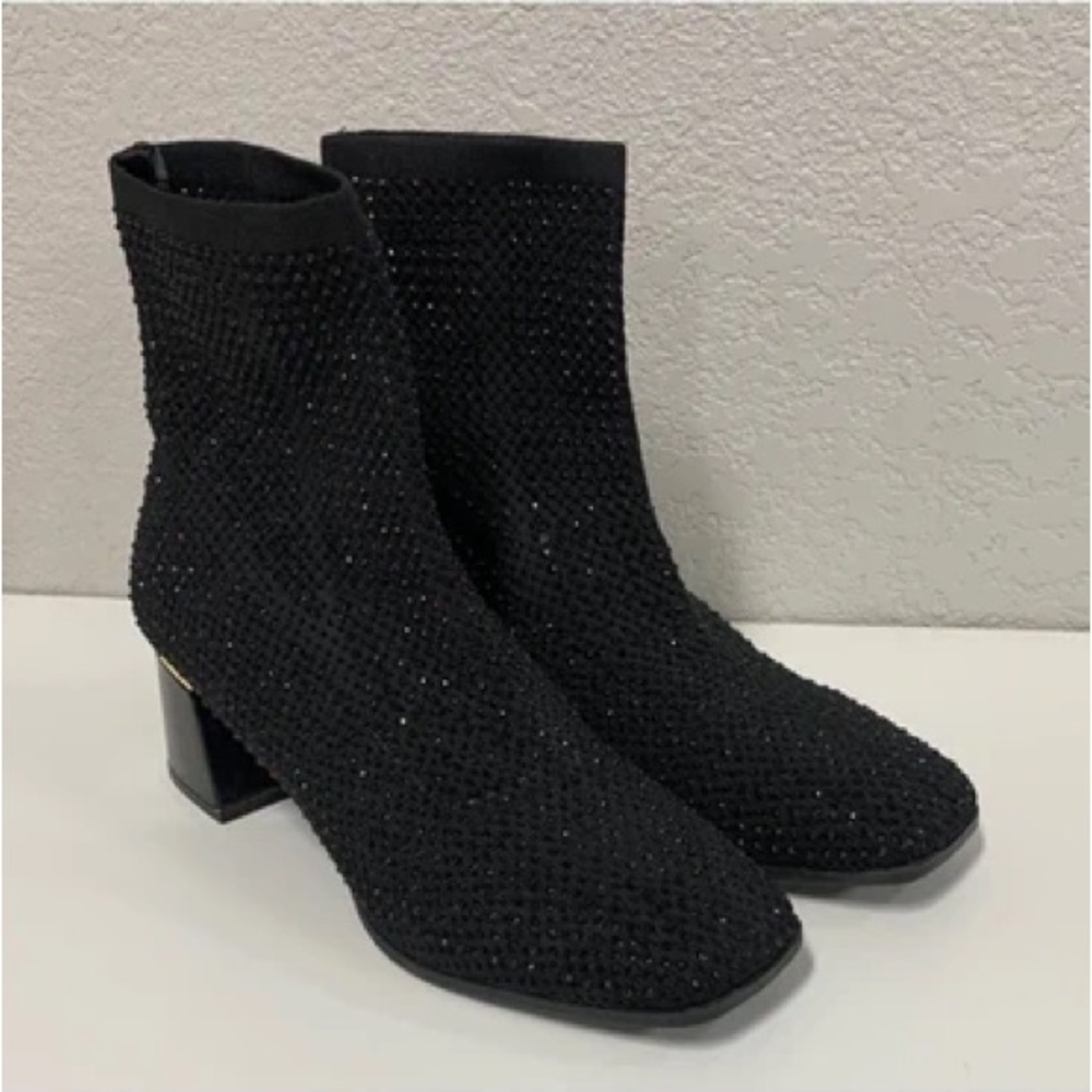 Black Sparkle Knit Ankle Boots with Block Heel